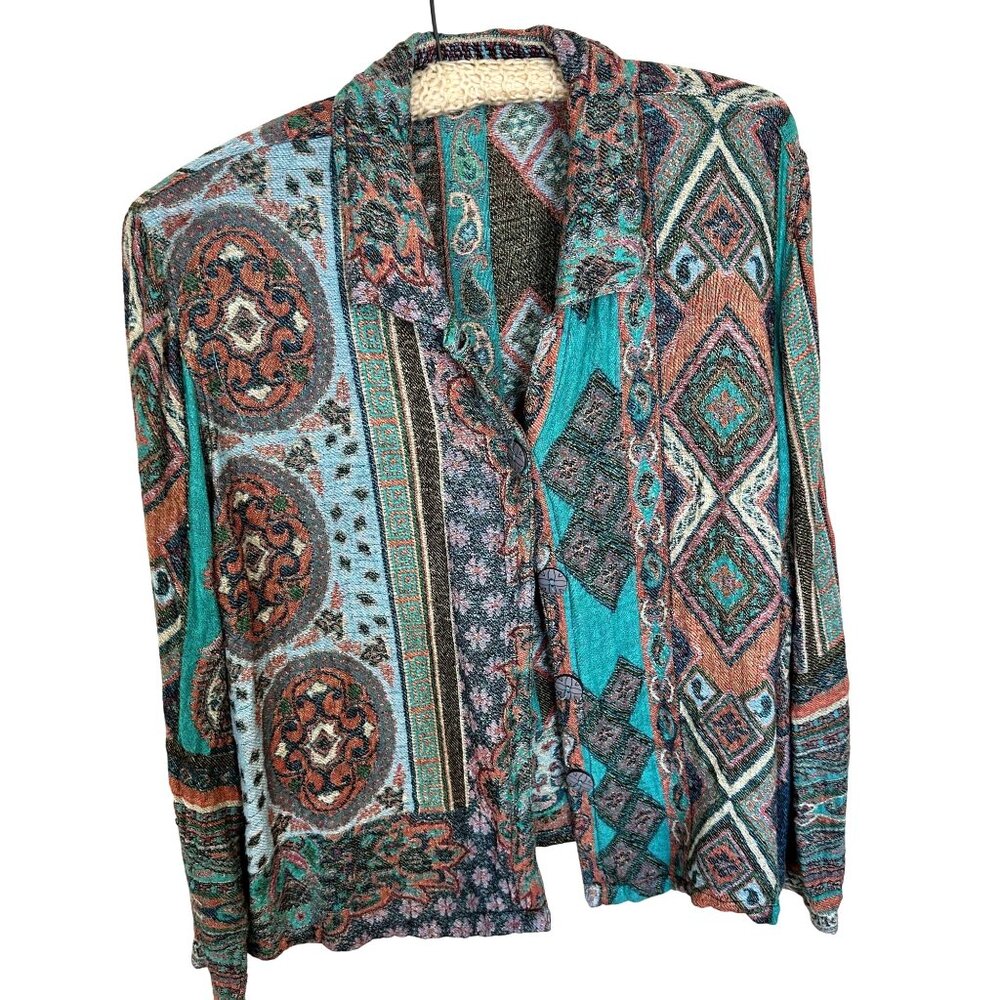 Womens Teal Boho Shirt Button Up Large Blue Mandala Rayon Multicolor Travelsmith